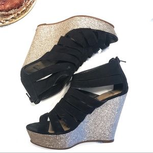 Strappy Glitter Platform Wedges